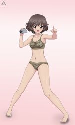 Rule 34 | 1girl, absurdres, acrux, akiyama yukari, artist logo, barefoot, bra, breasts, brown bra, brown eyes, brown hair, brown panties, brown sports bra, camera, camouflage, camouflage panties, camouflage sports bra, commentary, dated, english commentary, frown, girls und panzer, highres, holding, holding camera, medium breasts, messy hair, navel, open mouth, panties, pink background, pointing, short hair, solo, sports bra, standing, underwear, underwear only, video camera
