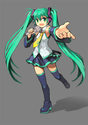 Rule 34 | 1girl, detached sleeves, green eyes, green hair, hatsune miku, headphones, headset, long hair, matching hair/eyes, microphone, music, necktie, outstretched hand, segamark, singing, skirt, solo, thighhighs, twintails, very long hair, vocaloid