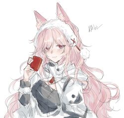 Rule 34 | 1girl, arknights, blush, breasts, cup, dress, highres, holding, holding cup, jelly rabi, long hair, medium breasts, messy hair, mug, pink hair, pozyomka (arknights), red eyes, signature, simple background, sketch, solo, upper body, white background, white dress