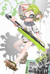 Rule 34 | 1girl, black shorts, blue pupils, closed mouth, commentary, commission, dolphin shorts, english commentary, full body, geta, green hair, grey eyes, highres, holding, holding weapon, inkling, inkling girl, inkling player character, looking at viewer, mask, mask on head, nintendo, no socks, pointy ears, print shirt, puchiman, shirt, short hair, short sleeves, shorts, smile, solo, splatana wiper (splatoon), splatoon (series), splatoon 3, splatter print, tentacle hair, v-shaped eyebrows, watermark, watermark grid, weapon, white shirt, wide sleeves