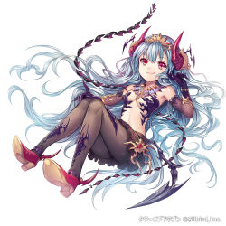 Rule 34 | 1girl, :3, armpits, bare shoulders, beads, blue hair, breasts, company name, demon girl, elbow gloves, eyebrows, fang, gloves, headpiece, horns, jewelry, long hair, looking at viewer, madogawa, navel, necklace, official art, original, pantyhose, pleated skirt, red eyes, shoes, simple background, skirt, small breasts, smile, solo, tower of dragon, very long hair, white background