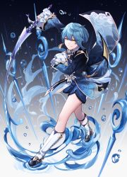Rule 34 | 1boy, absurdres, blue hair, blue shirt, blue shorts, boots, chinese clothes, closed mouth, commentary request, eyebrows hidden by hair, frilled sleeves, frills, genshin impact, hair between eyes, highres, hizuki miya, holding, holding sword, holding weapon, looking at viewer, male focus, shirt, short hair, shorts, smile, solo, sword, walking, weapon, xingqiu (genshin impact), yellow eyes