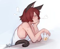 Rule 34 | 1girl, animal ears, arbuz budesh, breasts, breasts out, brown eyes, brown hair, cat ears, cat girl, cat tail, cup, drinking glass, nathy, nipples, short hair, sketch, small breasts, solo, sweat, sweatdrop, tail, tank top