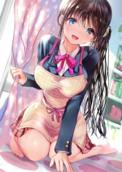 Rule 34 | 1girl, :d, absurdres, apron, barefoot, black hair, blue eyes, blurry, blurry background, brown hair, curtains, hair ornament, hair scrunchie, highres, indoors, long hair, long sleeves, looking at viewer, ogata tei, open mouth, original, pink ribbon, ribbon, scrunchie, smile, solo