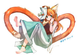 1girl absurdres animal_ears arknights bare_shoulders barefoot book chinese_commentary closed_mouth commentary dated dress feet full_body green_dress green_eyes grey_dress highres kakyouin2002 long_dress long_hair looking_at_viewer orange_hair orange_tail papyrus_(arknights) simple_background sleeveless sleeveless_dress soles solo tail tail_ornament tail_ring toes white_background