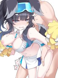 Rule 34 | 1boy, 1girl, animal ears, bare shoulders, black hair, blue archive, blue eyes, blush, breasts, cheerleader, crop top, dog ears, dog girl, dog tail, eyewear on head, grabbing, grabbing another&#039;s breast, grabbing from behind, hetero, hibiki (blue archive), hibiki (cheer squad) (blue archive), highres, holding, holding pom poms, long hair, medium breasts, millennium cheerleader outfit (blue archive), multicolored hair, navel, nipples, nose blush, one breast out, pom pom (cheerleading), pom poms, sex, sex from behind, skirt, standing, standing sex, star sticker, sticker on face, tail, tatsuya (trypaint)