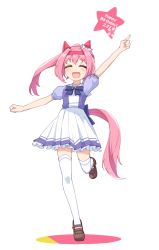 Rule 34 | 1girl, animal ears, blush, bow, bowtie, brown footwear, closed mouth, dot nose, facing viewer, full body, happy birthday, haru urara (umamusume), highres, hihiqhi, horse ears, horse girl, horse tail, long hair, open mouth, outstretched arms, pink hair, pointing, pointing up, ponytail, purple shirt, school uniform, shirt, shoes, short sleeves, skirt, smile, solo, standing, standing on one leg, star (symbol), tail, thighhighs, tracen school uniform, umamusume, white skirt, white thighhighs, zettai ryouiki