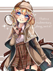 Rule 34 | 1girl, absurdres, blonde hair, blue eyes, blush, capelet, collared shirt, deerstalker, english text, hair ornament, hat, high-waist skirt, highres, holding, holding magnifying glass, hololive, hololive english, leaning to the side, magnifying glass, mamiya miya, medium hair, necktie, plaid, plaid skirt, pocket watch, red necktie, shirt, short necktie, skirt, solo, sparkle, thigh strap, virtual youtuber, watch, watson amelia, watson amelia (1st costume)