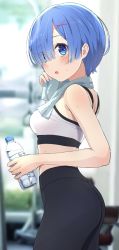 Rule 34 | 1girl, absurdres, ass, blue eyes, blue hair, blurry, blurry background, blush, bottle, breasts, camui1104, commentary request, depth of field, eyes visible through hair, from side, hair ornament, hair over one eye, hairclip, highres, holding, holding bottle, looking at viewer, looking to the side, medium breasts, midriff, open mouth, plastic bottle, re:zero kara hajimeru isekai seikatsu, rem (re:zero), revision, short hair, solo, sports bra, sportswear, sweat, towel, towel around neck, water bottle, x hair ornament
