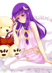 Rule 34 | 1girl, adjusting hair, bare shoulders, crescent, crescent hair ornament, female focus, frilled pillow, frills, hair ornament, hair ribbon, kneeling, kotetu han, long hair, navel, on bed, pajamas, patchouli knowledge, pillow, purple eyes, purple hair, ribbon, smile, solo, stuffed animal, stuffed toy, teddy bear, thighhighs, touhou, white thighhighs