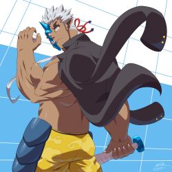 Rule 34 | 1boy, absurdres, aotaki (aotk), back, bara, dark-skinned male, dark skin, feet out of frame, from behind, half mask, highres, horned mask, jacket, jacket on shoulders, long sideburns, looking at viewer, male focus, mask, monster boy, muscular, muscular male, no pupils, oni mask, pants, short hair, shuten douji (housamo), sideburns, solo, tokyo houkago summoners, tusks, white hair, wind