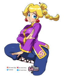 Rule 34 | 1girl, absurdres, artist name, blonde hair, blue eyes, blue pants, braid, braided ponytail, breasts, chinese clothes, cowboy shot, earrings, highres, jewelry, kung fu peach, large breasts, long hair, looking at viewer, mario (series), nintendo, open mouth, pants, patreon username, princess peach, princess peach: showtime!, sasa tseng, simple background, solo, standing, standing on one leg, twitter username, white background