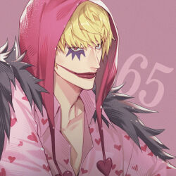 Rule 34 | 1boy, black coat, blonde hair, coat, collared shirt, commentary request, donquixote rocinante, feather coat, heart, heart print, hood, light smile, looking at viewer, makeup, male focus, numbered, one piece, pink shirt, purple background, shirt, short hair, simple background, solo, upper body, yoshicha
