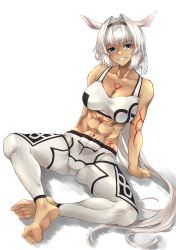 Rule 34 | 1girl, abs, absurdres, alternate costume, animal ears, arm support, armpit crease, bare shoulders, barefoot, black hairband, blue eyes, body markings, breasts, caenis (fate), cleavage, collarbone, commentary request, commission, dark-skinned female, dark skin, fate/grand order, fate (series), full body, grin, hair intakes, hairband, highres, kuromu, large breasts, long hair, looking at viewer, low ponytail, navel, pants, partial commentary, shadow, sidelocks, simple background, sitting, skeb commission, smile, solo, sports bra, tattoo, teeth, tight clothes, tight pants, very long hair, white background, white hair, white pants, white sports bra