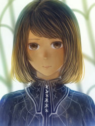 Rule 34 | 1girl, blue shirt, blurry, blurry background, bob cut, brown eyes, brown hair, closed mouth, commentary request, expressionless, eye focus, lips, looking at viewer, original, portrait, sakimori (hououbds), shirt, short hair, solo