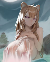 Rule 34 | 1girl, absurdres, aged up, alternate breast size, animal ears, bare shoulders, bathing, breasts, brown hair, closed mouth, collarbone, highres, huge breasts, large areolae, long hair, naked towel, night, nude, onsen, outdoors, purple eyes, raccoon ears, raccoon girl, raphtalia, rock, see-through, solo, spiralnoww1, steam, tate no yuusha no nariagari, towel, upper body