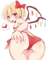 Rule 34 | 1girl, ass, bad id, bad pixiv id, bent over, blonde hair, blush, bow, bra, breasts, cowboy shot, crystal, fang, flandre scarlet, from behind, hair between eyes, hair bow, hand on own ass, heart, leaning forward, looking at viewer, looking back, micro bra, no headwear, one side up, open mouth, panties, paragasu (parags112), red bow, red bra, red eyes, red panties, short hair, side-tie panties, simple background, small breasts, solo, spoken heart, standing, touhou, underwear, white background, wings