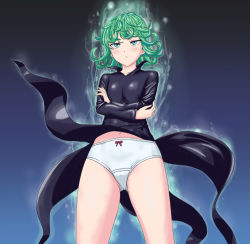 Rule 34 | 1girl, aura, bare legs, black dress, blue eyes, blush, bow, bow panties, breasts, crossed arms, curly hair, dress, green hair, impossible clothes, impossible dress, okiyumi kase, one-punch man, panties, pantyshot, psychic, short hair, small breasts, solo, tatsumaki, underwear, upskirt, white panties, wind, wind lift
