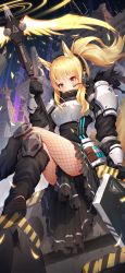 Rule 34 | 1girl, animal ears, arknights, armor, blonde hair, building, cat ears, catxuan, fishnet pantyhose, fishnets, headset, highres, holding, holding weapon, horse girl, nearl (arknights), pantyhose, polearm, red eyes, ruins, shield, sidelocks, sitting, skirt, solo, weapon, wings