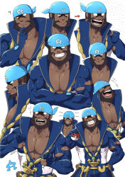 Rule 34 | 1boy, ?, anchor necklace, archie (pokemon), arrow (symbol), bandana, batabiru, beard, blue bandana, brown hair, collarbone, commentary request, creatures (company), dark-skinned male, dark skin, facial hair, game freak, grin, hand on own hip, hand up, heart, highres, holding, holding poke ball, jewelry, looking at viewer, male focus, multiple views, muscular, muscular male, necklace, nintendo, open mouth, pectoral cleavage, pectorals, poke ball, poke ball (basic), pokemon, pokemon oras, sharp teeth, smile, team aqua, teeth, tongue, tongue out