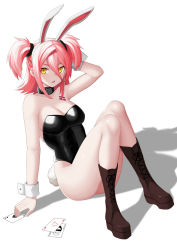 Rule 34 | 1girl, ace (playing card), ace of spades, animal ears, black leotard, black neckwear, boots, breasts, brown footwear, card, choker, cleavage, cross-laced footwear, highres, hololive, hololive china, lace-up boots, leotard, looking at viewer, medium breasts, pink hair, playboy bunny, playing card, rabbit ears, rabbit girl, rabbit tail, shadow, short hair, simple background, solo, spade (shape), strapless, strapless leotard, tail, two side up, virtual youtuber, white background, wrist cuffs, yellow eyes, yogiri (hololive), z-jun.dd-zhong