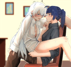 Rule 34 | 2girls, absurdres, blue eyes, blue hair, blush, chair, clothed sex, clothes pull, cowgirl position, cum, cum in pussy, futanari, hickey, highres, honkai (series), honkai impact 3rd, kiana kaslana, leg up, long hair, looking at another, mine (4041997), multiple girls, on lap, open clothes, open mouth, open shirt, cum overflow, pants, pants pull, partially undressed, ponytail, raiden mei, red eyes, straddling, table, tears, trembling, white hair