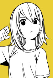 Rule 34 | 1girl, closed mouth, commentary request, eyebrows hidden by hair, hair between eyes, hand up, highres, hitoribocchi no marumaru seikatsu, katsuwo (cr66g), mole, mole under eye, monochrome, partially colored, shirt, short sleeves, simple background, solo, sunao nako, upper body, yellow background, yellow theme