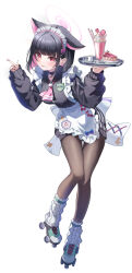 Rule 34 | 1girl, alternate costume, animal ears, apron, arms up, black hair, black jacket, blue archive, blunt bangs, brown pantyhose, cake, cat ears, cat girl, closed mouth, cross-laced footwear, food, full body, hairband, halo, highres, holding, holding plate, ice cream, jacket, kazusa (blue archive), kinyouny, long sleeves, loose socks, maid, maid apron, maid headdress, multicolored hair, name tag, necktie, pantyhose, pink hair, pink hairband, pink necktie, plate, red eyes, short hair, sidelocks, simple background, smile, socks, solo, striped clothes, striped socks, tongue, tongue out, two-tone hair, white apron, white background, white hairband, white socks