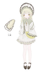 Rule 34 | 1girl, bad id, bad pixiv id, bag, blonde hair, brown footwear, dress, fishnet pantyhose, fishnets, food, frilled dress, frilled hairband, frills, full body, hairband, highres, lolita fashion, lolita hairband, long hair, original, outo eguchi, oyster, pantyhose, personification, shoes, shoulder bag, simple background, sleeves past fingers, sleeves past wrists, solo, standing, white background, white dress, yellow bag, yellow eyes