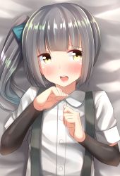 Rule 34 | 10s, 1girl, absurdres, arm warmers, blush, buttons, go-1, hair ribbon, highres, kantai collection, kasumi (kancolle), lips, long hair, looking at viewer, open mouth, ponytail, ribbon, school uniform, shirt, short sleeves, side ponytail, silver hair, skirt, solo, suspenders, teeth, white shirt, yellow eyes
