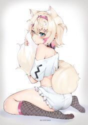 Rule 34 | 1girl, absurdres, animal ear fluff, animal ears, armpit crease, ass, blonde hair, blue eyes, blush, breasts, collar, commentary, cropped shirt, dog ears, dog girl, dog tail, english commentary, feet, fishnet thighhighs, fishnets, hair between eyes, hair ornament, hairband, hairclip, highres, hololive, hololive english, hugging own tail, hugging tail, keisea, midriff, mococo abyssgard, mococo abyssgard (1st costume), multicolored hair, nail polish, off shoulder, pink hair, pink nails, shirt, short hair, short shorts, shorts, simple background, small breasts, streaked hair, tail, tears, thighhighs, two side up, virtual youtuber, white shirt, white shorts, x hair ornament