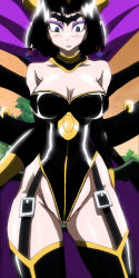 Rule 34 | 1girl, absurdres, ahoge, bare shoulders, bat (symbol), bat wings, black hair, black leotard, black wings, blue eyes, breasts, bridal gauntlets, corset, curvy, demon girl, detached collar, digimon, digimon xros wars, embarrassed, eyeshadow, facial mark, forehead mark, garter straps, gattai lilithmon, highleg, highleg leotard, highres, hip bones, hip focus, horns, large breasts, legs, leotard, lilithmon, lipstick, looking down, makeup, mark of evil, pointy ears, screencap, shiny clothes, skin tight, thighhighs, thighs, third-party edit, thong leotard, wide hips, wings