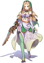 Rule 34 | 1girl, antique firearm, blonde hair, breasts, detached sleeves, firearm, full body, green thighhighs, gun, high heels, holding, holding gun, holding weapon, long hair, looking at viewer, medium breasts, navel, open mouth, original, phantom of the kill, shadow, shirako miso, simple background, smile, solo, standing, thighhighs, veil, wavy hair, weapon, white background
