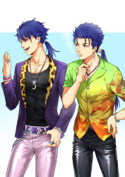 Rule 34 | 2boys, alternate costume, animal print, bad id, bad pixiv id, blue hair, bracelet, changye, cigarette, cu chulainn (fate), cu chulainn (fate) (all), cu chulainn (fate/prototype), cu chulainn (fate/stay night), dual persona, earrings, fate/grand order, fate/hollow ataraxia, fate (series), hair between eyes, hawaiian shirt, holding, holding cigarette, jewelry, leather, leather pants, leopard print, long hair, male focus, multiple boys, necklace, official alternate costume, pants, ponytail, red eyes, ring, shiny clothes, shirt, snake print