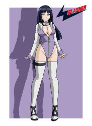Rule 34 | 1girl, absurdres, adapted costume, alternate costume, artist name, blue hair, blunt bangs, border, breasts, cleavage, full body, high heels, highleg, highleg leotard, highres, hime cut, hyuuga hinata, konohagakure symbol, large breasts, leggings, legs, leotard, long hair, looking at viewer, naruto, naruto (series), ninja, no pupils, outside border, palette swap, partially unzipped, pigeon-toed, purple background, shadow, shoes, sidelocks, solo, standing, tagme, thigh strap, thighhighs, thong leotard, vector trace, white border, wslasher, zettai ryouiki, zipper