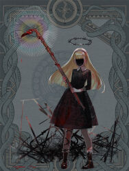 Rule 34 | 1girl, barbed wire, black dress, black footwear, black hairband, blonde hair, blood, blood on clothes, blood on hands, blunt bangs, blunt ends, boots, collared dress, cross-laced footwear, dairoku ryouhei, dress, faceless, faceless female, facing viewer, full body, grey background, hairband, halo, holding, holding industrial pipe, hollow body, horror (theme), industrial pipe, k0gam1, lace-up boots, sleeves past elbows, socks, solo, standing, white socks