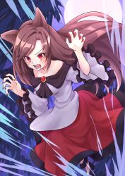 Rule 34 | 1girl, absurdres, animal ears, bare shoulders, black footwear, brooch, brown hair, claw pose, commentary, floating hair, highres, imaizumi kagerou, jewelry, long hair, long sleeves, moon, nail polish, off-shoulder shirt, off shoulder, open mouth, ramie (ramie541), red eyes, red nails, red skirt, shirt, shoes, skirt, solo, touhou, v-shaped eyebrows, white shirt, wide sleeves, wolf ears