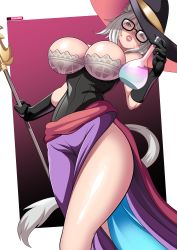 Rule 34 | 1girl, absurdres, bare shoulders, breasts, breasts out, bursting breasts, cameltoe, cleavage, cosplay, dragon&#039;s crown, highres, large breasts, long hair, nipples, open mouth, orange eyes, shiny skin, silver hair, smile, solo, sorceress (dragon&#039;s crown), sorceress (dragon&#039;s crown) (cosplay), standing, steve chopz, tongue, tongue out