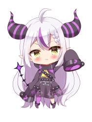 Rule 34 | &gt;:(, ahoge, black coat, braid, braided bangs, chibi, coat, demon girl, demon horns, double-parted bangs, fang, fang out, frown, full body, grey hair, highres, hololive, horns, kiyo (yamazoe1122), la+ darknesss, la+ darknesss (1st costume), long hair, multicolored hair, pointy ears, purple hair, simple background, sleeves past fingers, sleeves past wrists, slit pupils, streaked hair, tail, v-shaped eyebrows, very long hair, virtual youtuber, white background, yellow eyes
