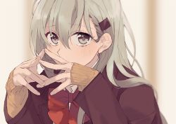 Rule 34 | 1girl, aqua hair, blurry, blurry background, blush, bow, bowtie, brown jacket, collared shirt, fidgeting, fingers together, green eyes, hair between eyes, hair ornament, hairclip, jacket, kantai collection, long hair, long sleeves, looking at viewer, red bow, red bowtie, remodel (kantai collection), shirt, solo, suzuya (kancolle), tokodanbou, white shirt