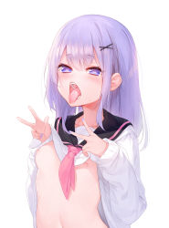 Rule 34 | azur lane, bad id, bad pixiv id, breasts, double v, heart, heart-shaped pupils, highres, lifted by self, mokew, nipples, oral invitation, purple eyes, purple hair, saliva, simple background, small breasts, solo, symbol-shaped pupils, tongue, tongue out, unicorn (long-awaited date) (azur lane), unicorn (azur lane), v, white background