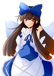Rule 34 | 1girl, absurdres, apron, blue bow, blue dress, blue neckwear, bow, brown eyes, brown hair, collar, dress, eyes visible through hair, fairy wings, hand up, highres, hime cut, long hair, long sleeves, looking at viewer, muumuu (sirufuruteienn), one-hour drawing challenge, open mouth, simple background, smile, solo, star (symbol), star print, star sapphire, touhou, white apron, white background, white collar, white sleeves, wings