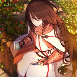 Rule 34 | 1boy, armor, belt, belt buckle, brown belt, brown eyes, brown hair, buckle, camera, cape, closed mouth, commentary request, fate/grand order, fate (series), flower, gauntlets, georgios (fate), grass, hair between eyes, highres, holding, holding photo, knight, leaf, long hair, male focus, mixed-language commentary, outdoors, photo (object), plant, purple flower, red flower, sitting, smile, solo, very long hair, white cape, white flower, yukiko (yukkyu)
