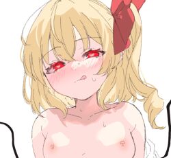 Rule 34 | 1girl, :q, blonde hair, blush, breasts, flandre scarlet, half-closed eyes, head tilt, heart, heart-shaped pupils, highres, nipples, nude, paragasu (parags112), red eyes, simple background, small breasts, solo, sweat, symbol-shaped pupils, tongue, tongue out, touhou, upper body, white background, wings