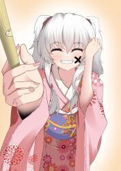 Rule 34 | 1girl, ^ ^, alternate costume, blue sash, blush, charlotte (anime), closed eyes, commentary request, cowboy shot, facepaint, facing viewer, floral print, foreshortening, grey hair, grin, hair between eyes, hand up, happy, highres, holding, holding brush, japanese clothes, kimono, light brown background, long hair, long sleeves, nail polish, new year, pink kimono, pink nails, pov, sash, sidelocks, simple background, smile, solo, standing, tanishi (hetianming11093), tears, tomori nao, two side up, wide sleeves