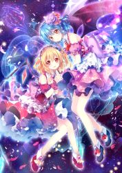 Rule 34 | 2girls, adapted costume, alternate costume, apron, ascot, bare shoulders, bat wings, blonde hair, blue hair, brooch, dress, enmaided, flandre scarlet, flower, hair flower, hair ornament, hairband, holding hands, hand on own chest, jewelry, lolita hairband, looking at viewer, maid, maid apron, multiple girls, petals, pink dress, puffy short sleeves, puffy sleeves, red eyes, remilia scarlet, riichu, sash, shirt, short sleeves, siblings, sisters, skirt, skirt set, smile, touhou, vest, waist apron, wings