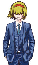 Rule 34 | 1girl, alice margatroid, alternate costume, bad id, bad twitter id, blazer, blonde hair, blue jacket, blue necktie, blue pants, blue vest, buttons, cigarette, collared shirt, commentary request, cookie (touhou), cowboy shot, crossdressing, formal, hair between eyes, hair over eyes, hairband, hands in pockets, jacket, jigen (cookie), long sleeves, necktie, ohasi, open mouth, pants, red hairband, shirt, simple background, smoking, solo, suit, touhou, unfinished, vest, white background, white shirt