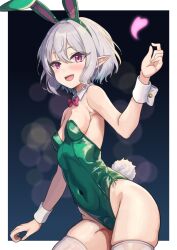 Rule 34 | 1girl, artist request, bow, bowtie, breasts, detached collar, green leotard, kokkoro (princess connect!), leotard, pink eyes, playboy bunny, pointy ears, princess connect!, short hair, small breasts, solo, thighhighs, white hair, white thighhighs, wrist cuffs