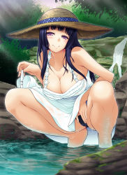 Rule 34 | 1girl, black hair, black panties, breasts, cleavage, comic penguin club, cover, cover page, dress, hat, large breasts, long hair, miyashiro sousuke, original, panties, partially submerged, purple eyes, purple hair, ripples, shoes, unworn shoes, smile, soaking feet, solo, squatting, sun hat, sundress, underwear, wading, water, wet