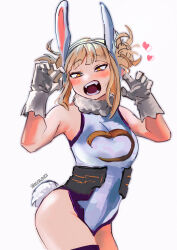 Rule 34 | 1girl, absurdres, animal ears, artist name, bare shoulders, blonde hair, boku no hero academia, breasts, claw pose, cosplay, double bun, fangs, gloves, groin, hair bun, heart, highres, hip bones, large breasts, looking at viewer, messy hair, mirko, mirko (cosplay), open mouth, rabbit ears, rabbit tail, sharl0ck, simple background, solo, tail, toga himiko, white background, white gloves, wide hips, yellow eyes